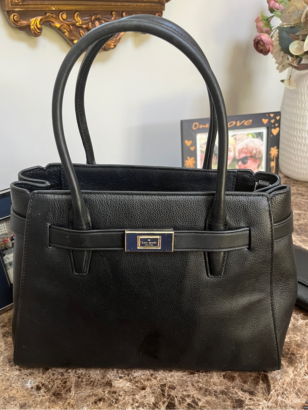 🖤🖤🖤 KATE SPADE  Black Leather Double-Handle Satchel with Gold Plaque